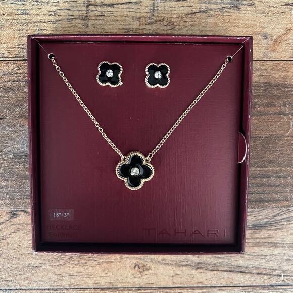 Tahari Gold Tone Black Clover Necklace Stud Earrings Set 18in + Extender New - Picture 2 of 6